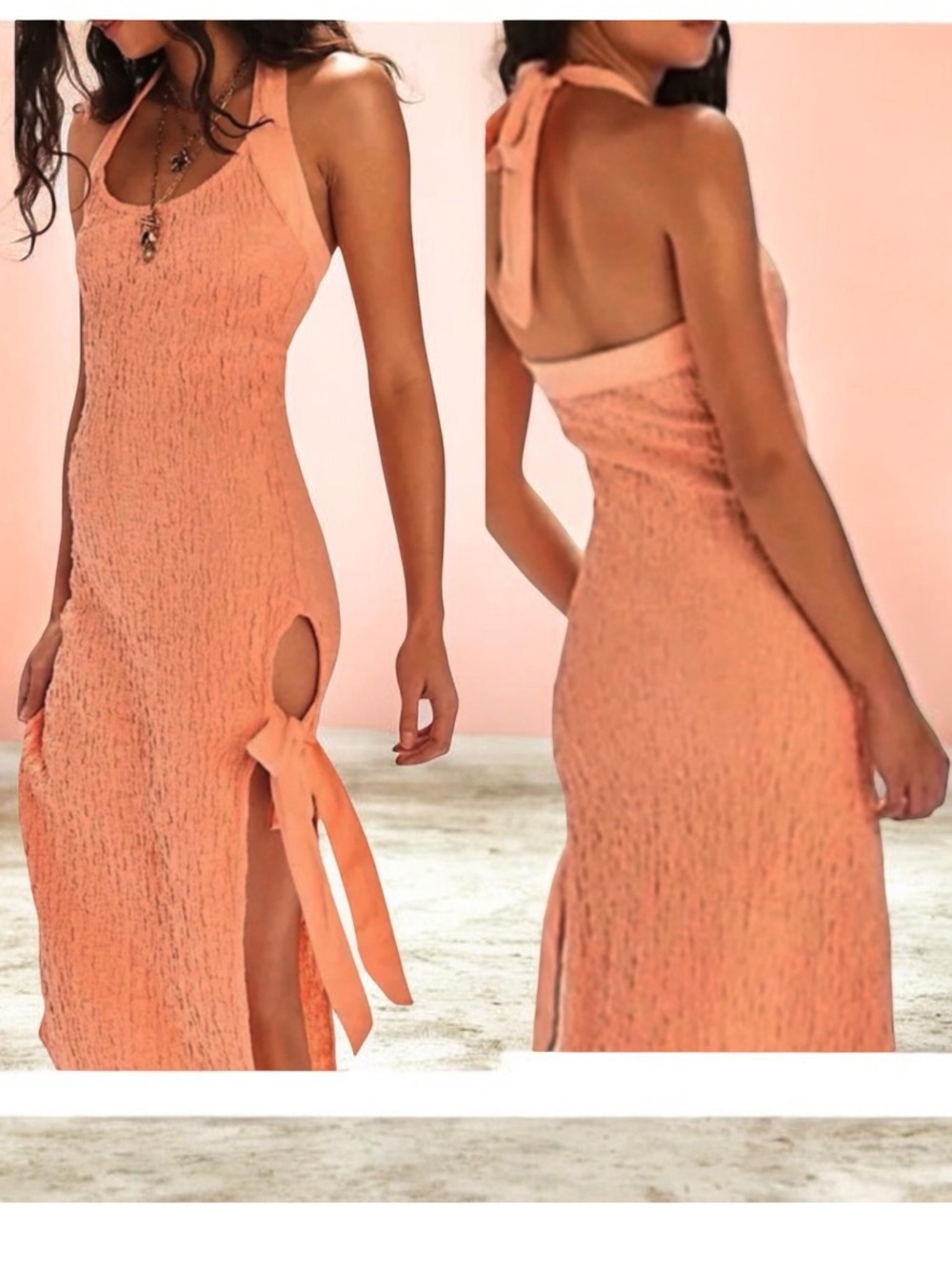 FREE PEOPLE SEAFOAM TEXTURED MIDI HALTER DRESS PEACH MEDIUM